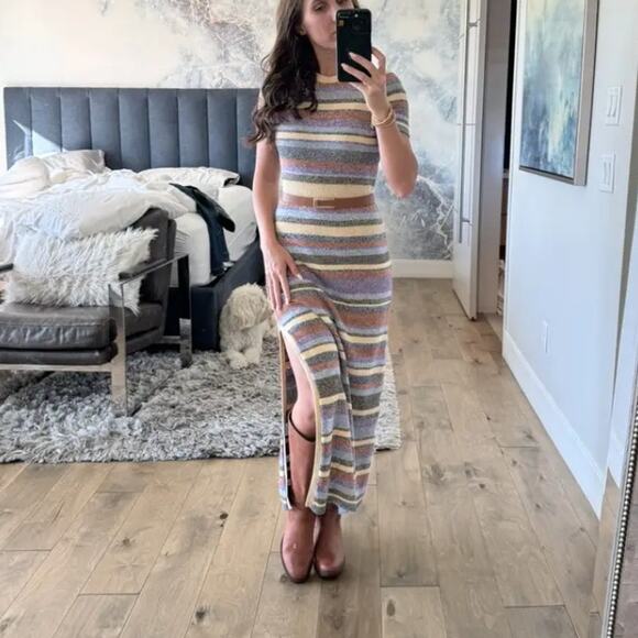 BA&SH Striped Crochet Knit Midi Dress MEDIUM Tshirt Daytime Cotton Designer $375 - Picture 5 of 15